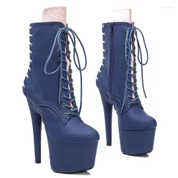 Boots Leecabe 17CM/7inches Blue With Light Pink Color Pole Dancing Shoes High Heel Platform Lace Up Ankle Dance Boot