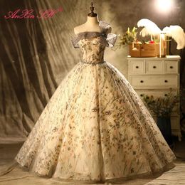 Party Dresses AnXin SH Vintage Princess Grey Lace Flower Big Bow Bride Ball Gown Boat Neck Beading Crystal Pearls Host Stage Evening Dress