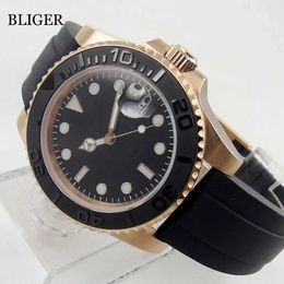 Other Watches BLIGER 24 Jewel NH35A PT5000 40mm Automatic For Men Sapphire Glass Ceremic Bezel Rubber Strap Rose Gold Folding Buckle T240508