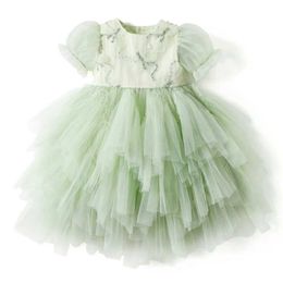 Flickans klänningar 2025 Green Mesh Baby Dress Bubble Sleeve Clothing Round Neck Baby Dress Solid New Elegant Ball Vestl2405