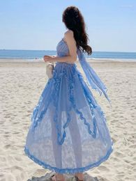 Casual Dresses Women Summer 2024 V-neck Backless Fairy Dress Vintage Blue Ruffles Holiday Beach Spaghetti Strapped Elagant Party