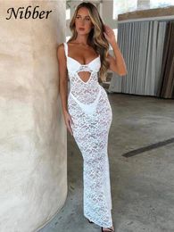 Casual Dresses Nibber Solid Lace Stitching Elegant Maxi Dress Women Sexy Chest Hollowed Out Skinny Females Bodycon Vestidos Streetwear
