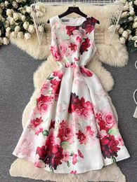 Casual Dresses Women French Party Dress Summer Floral Printed Sleeveless Tank LadiesO Neck Slim A-line Vintage Long Robe Vestidos