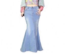 Big Fish Tail Denim Skirt Women Mermaid Stretchy Light Blue Long FloorLength Trumpet Empire High Waist Slit Jeans J97397 2104218660474