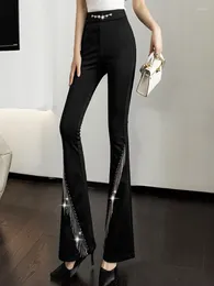 Women's Pants Diamond Chain Tassel Flared 2024Spring Black Elastic High Waist Full-Length Casual Trousers