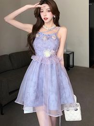 Casual Dresses 2024 Purple Chic Ruffled Appliques Mini Dress Summer Elegant Sling Sexy Club Prom Women Korean Bodycon Kawaii