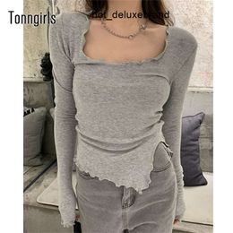 Womens t Shirt Tonngirls Long Sleeve Tshirt Fungus Line Irregular Hem Knitted Slender Autumn Korean Style Crop Tops Sexy Solid Tee 220902 LWVB