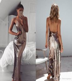 2019 Cheap Backless Sequined Evening Dress Spaghetti Straps Arabic Dubai Celebrity Formal Holiday Wear Prom Party Gown Custom Made7437082