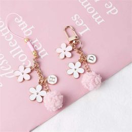 Keychains Lanyards Cute pink flower keychain mobile phone chain hanging rope anti loss keychain handbag pendant accessory car motorcycle ball top tier charm J24050