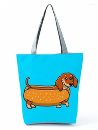 Shoulder Bags Sausage Dog Printed Handbag Cartoon Animal Eco Reusable High Capacity Blue Shopping Bag Lady Travel Storage Tote Custom