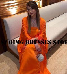 Party Dresses OIMG Design Criss-Cross Feathers Prom Arabic Women Long Sleeves Silk Satin Orange Evening Gowns Formal Dress