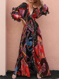 Spring Summer Elegant VNeck Bohemian Loose Maxi Dress Fashion Print Vacation Beach Dresse Vintage Long Sleeve 240418