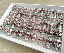 50pcs Red CZ eyes Skull Carved Metal Rings Men Skelekon Retro Vintage Big Silver Ring Fashion Party Gifts Man Accessories Size Mix9614843