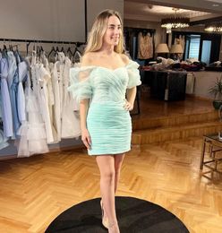 Party Dresses Welove Mint Green Sequins Prom Puff Sleeves Homecoming Graduation Dress Off Shoulder Short Cocktail