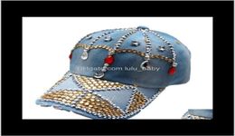Ins Fashion Luxury Designer Colorful Diamonds Crystal Crown Blue Jeans Demin Summer Baseball For Women Girls Sun Hats3179989