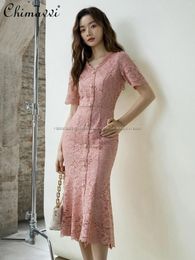 Casual Dresses V-neck High-end Hepburn Style Water Soluble Lace Dress 2024 Spring Luxury Fashion French Slim Elegant Women's Fishtail