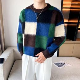 Men's Sweaters Brand Clothing Men Mink Cashmere Plaid Sweater/Male Slim Fit Fashion Casual Pullover/Man Round Neck Korean Harajuku