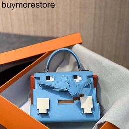 Cowhide Handbag Handmade Doll Bag Cute Small Bag Mini Fully Handsewn EPSOM Leather Silver Button Candy Blue MiniPF5C