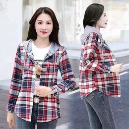 Women's Jackets Hooded Plaid Shirt Loose Coat 2024Spring Autumn Student Jacket Western Style Long Outwear Fashion Female Tops