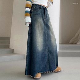 Skirts Vintage High Waist A-line Full Skirt Women Bleached Distressed Casual Denim Long Jupe Y2k Punk Fashion Rough Selvedge Faldas