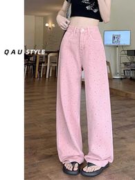 Pink hot diamond jeans for women with wide legs spring new size chubby mm high waist slimming design straight leg pants