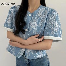 Women's Jackets Neploe Elegant Sweet Blue Lace V-neck Cotton Coat Women Y2k Single Breasted Tops Mujer 2024 Summer Short Sleeve