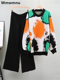 Women's Two Piece Pants Tie Dye Print Casual Knitwear Jumper Conjunto Pullover Sweater 2 Sets Women High Waist Solid Knit Wide Leg Pant