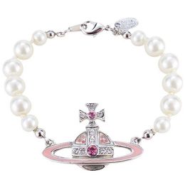 Brand Westwood Pink Lacquered Pearl Bracelet Female with Diamond Enamel Saturn Nail