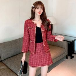 Work Dresses 2024 Autumn Winter Small Fragrance Fashion Casual Long Sleeve Slim Red Tweed Suit Coat A Line Skirt Two Piece Women