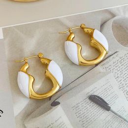 Hoop Earrings French White Enamel Round For Womens Vintage Stainless Steel Geometric Ear Buckle Fashion Gold Plated Jewellery Wholesale