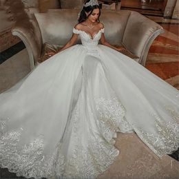 Mermaid Wedding Dresses Detachable Train Appliques Off Shoulder Lace Up Back Aso Ebi Bridal Gown Vestido De Novia