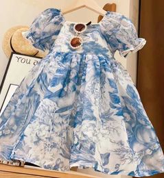 Girl's Dresses 2024 Summer Dress New Girl Short sleeved Warm Princess Dress Summer Blue Cute Design Dress Childrens ClothingL2405