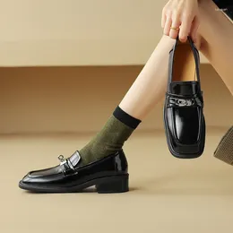 Dress Shoes 2024 Spring Retro Women Pumps Round Toe Chunky Heel Loafers Split Leather For Metal Buckle Platform