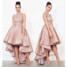 2024 Розовые кружевные платья возвращения на вершину на заказ изготовлены на линии Halter High Plantging Tail Party Plating Short Dress 0509