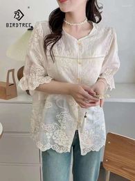 Women's Blouses Spring Cotton Embroidery Shirt Women O Neck Half Sleeve Loose Retro Top Girl Literature Sweet Blouse 2024 Autumn T44508QC
