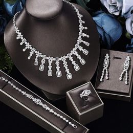 Necklace Earrings Set Luxury Tassel Drop Cubic Zirconia Bridal Wedding For Women Fashion Dubai UAE Brides 4pcs Jewellery