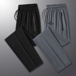 2PCS Summer Ice Silk Elastic Pants for Mens Thin Trendy Loose Sports Fitness Running Quick Drying Casual 240428