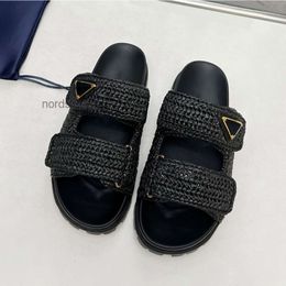 Designer Sandal Woman Crochet Slides Black Platform Wedges Straw Flatform Slipper Summer Flat Comfort Mule Beach Pool Two Straps
