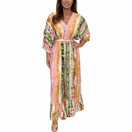 Casual Dresses Loose Printed Patchwork Maxi Dress For Women Vintage V Neck Puff Long Sleeves Pleated 2024 Spring Chic Female Robes