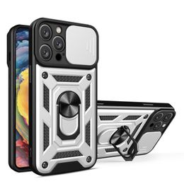 Camera Slide Cover Shockproof Armour Ring Kickstand Case For iPhone 15 14 13 12 11 Pro Max Mini Car Holder Phone Cover Four corners strengthen