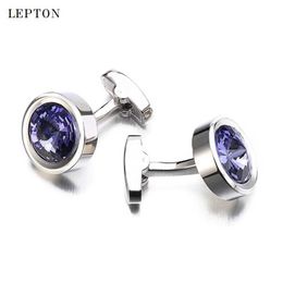 Cuff Links Round Purple Crystal Mens Shirt Cufflinks Hot Low Key Luxury Groom Wedding Cufflinks Relojes Gemelos Q240508