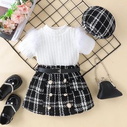 Clothing Sets Toddler Baby Girl 3Pcs Summer Outfits Short Sleeve Fur Shoulder Tops T Skirt Hat Clothes Set