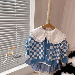 Clothing Sets 2024 Girls Spring Autumn One Piece Three Top Shirt Sweater Knit Coat Short Skirt Loose Sweet Lovely Outdoor