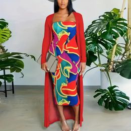 Work Dresses Felyn 2024 Arrival Fashion Design 2 Pcs Women Set Luxury Print X-long Cardigan And Midi Dress Sexy Club Outfits