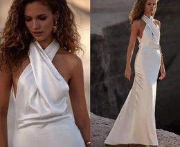 Simple Sexy Wedding Dress Halter Neck Bridal Gowns Sleeveless Backless Silk Satin Floor Length Summer Baech Vestidos De Novia