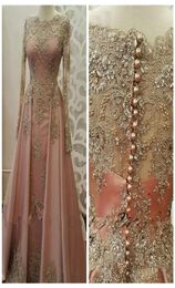 Bateau Long Sleeves Formal Evening Dresses for Women Wear Long Sleeve Lace Appliques crystal Abiye Dubai Caftan Muslim Prom Party 9695185