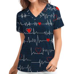 Love Womens T-Shirts Nursing Uniform Stretch Ombre Print V-Neck Short Sleeve T Shirt Tops With Pocket Womens Clothing 240424