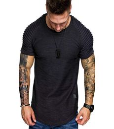 Mens Shoulder Pleated Design Round Neck Short Sleeved Tshirt Slim Fit Man Curved Hem Skinny Hip Hop Tshirt Streetwear3680064