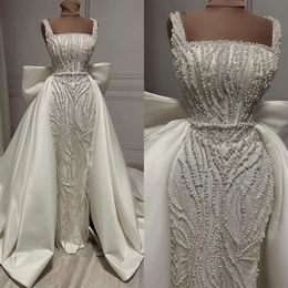 Gorgeous Pearls Mermaid Wedding Dresses Elegant Square Neck Wedding Gown Detachable Train Sleeveless Bow Tie Bridal Vestidos
