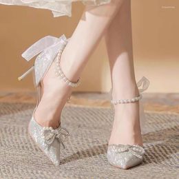 Dress Shoes Women's Wedding Sliver Bling Ankle Strap Sandals String Bead High Heels Pearls Pointed Toe Back Bow Pumps Summer 1453C